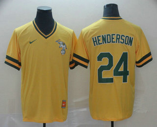 Athletics #24 Rickey Henderson Yellow Authentic Cooperstown Collection Stitched Baseball Jersey