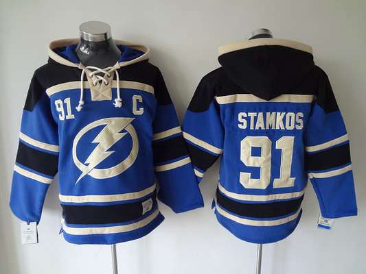 Men's Tampa Bay Lightning #91 Steven Stamkos Old Time Hockey Blue Hoodie