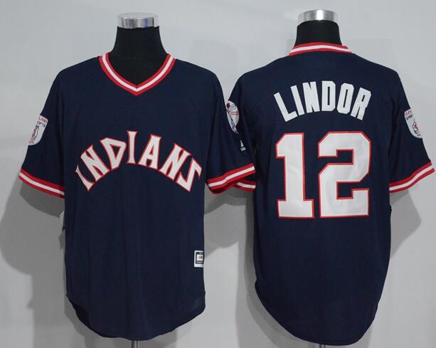 Men's Cleveland Indians #12 Francisco Lindor Navy Blue Pullover Majestic 1976 Turn Back the Clock Jersey