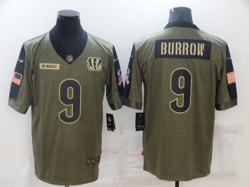 Men's Cincinnati Bengals #9 Joe Burrow Nike Olive 2021 Salute To Service Limited Player Jersey